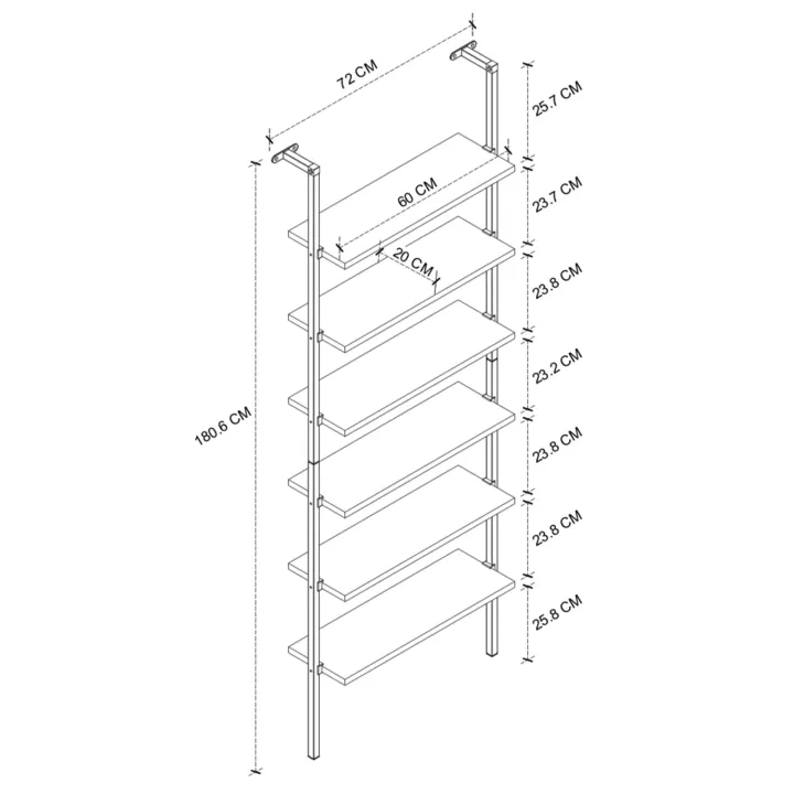Libreria da parete 72x181h cm 6 ripiani industrial antracite metallo nero Biak