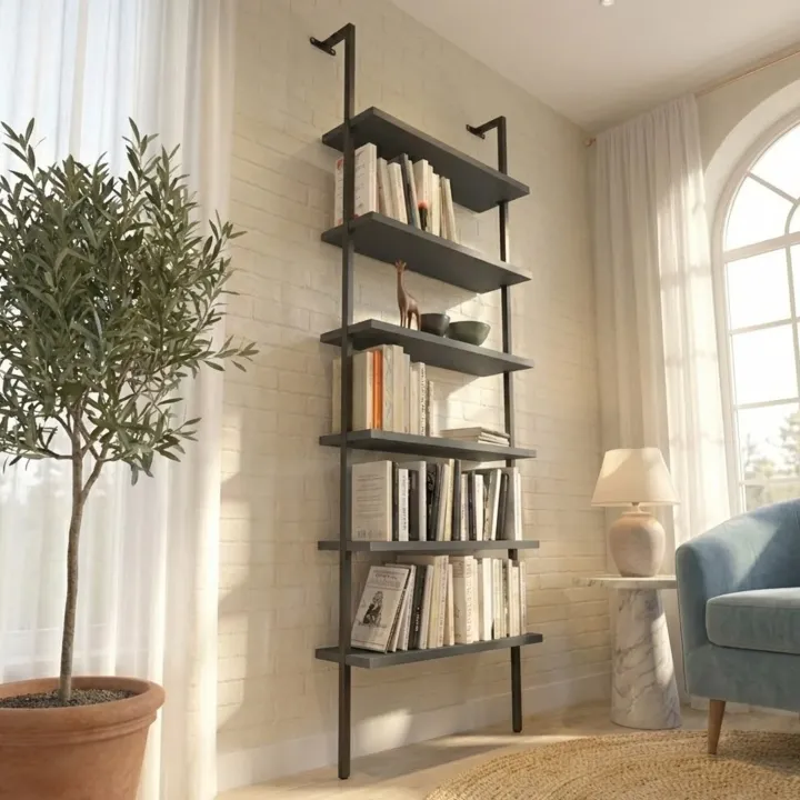 Libreria da parete 72x181h cm 6 ripiani industrial antracite metallo nero Biak