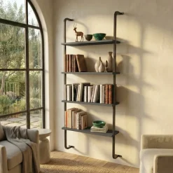 Libreria da parete 76x151h cm 4 ripiani industrial antracite metallo nero Bering
