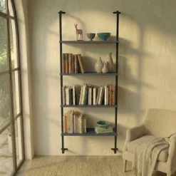 Libreria da parete 76x151h cm 4 ripiani industrial antracite metallo nero Bering