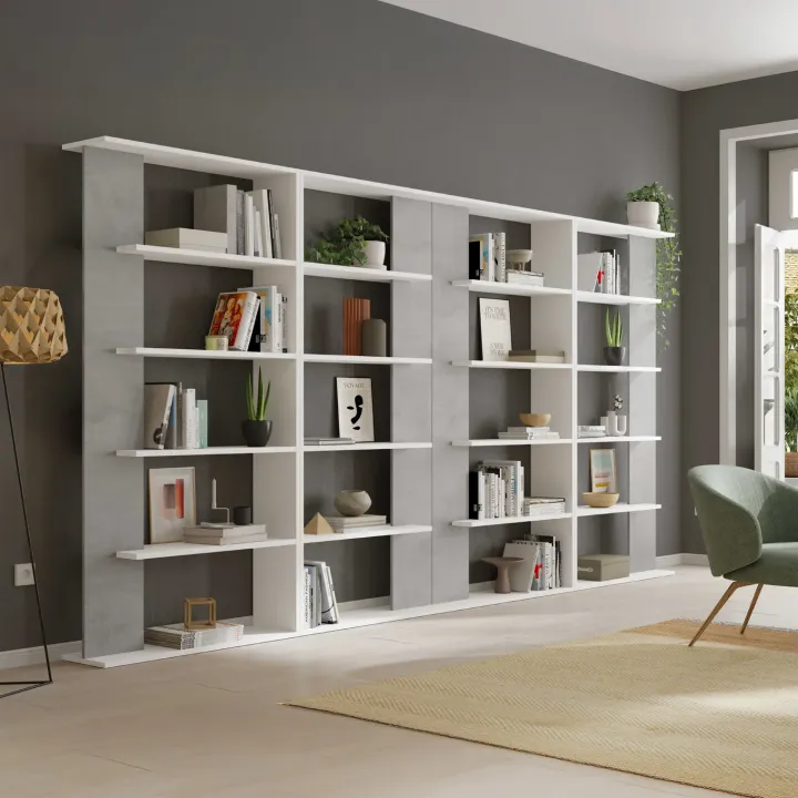 Libreria da parete 360x180h cm soggiorno bianco opaco cemento Aline