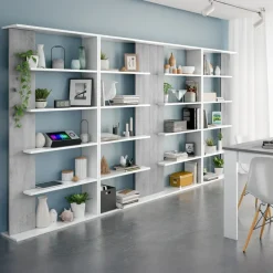 Libreria da parete 360x180h cm soggiorno bianco opaco cemento Aline