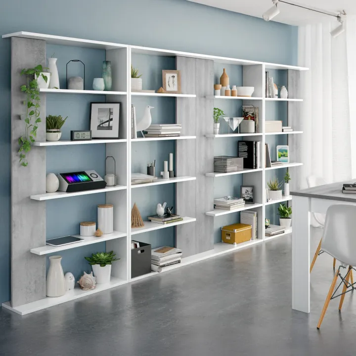 Libreria da parete 360x180h cm soggiorno bianco opaco cemento Aline