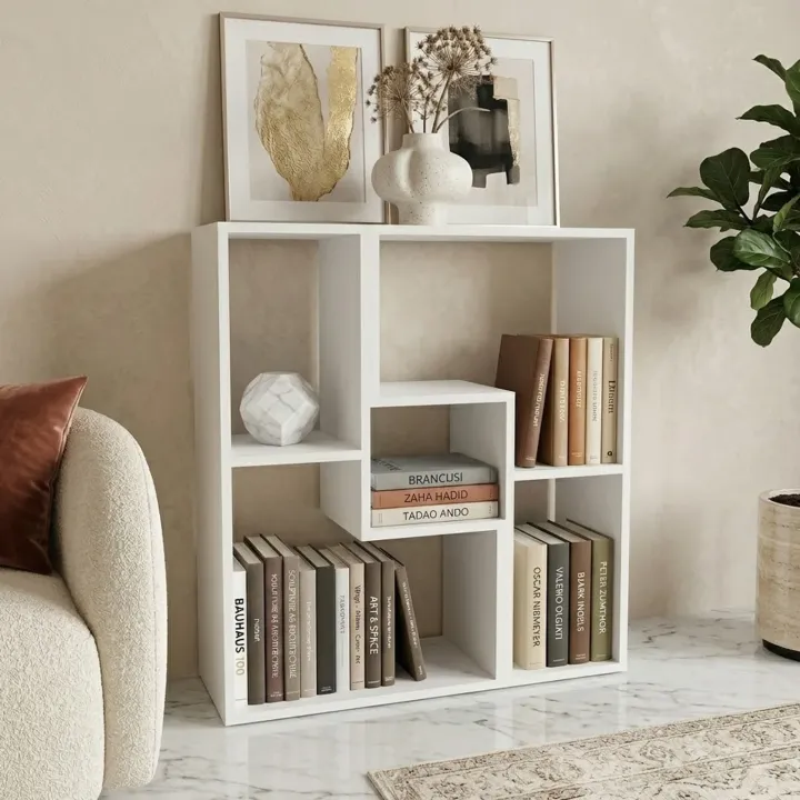 Libreria da parete 81x91h cm 5 vani a vista moderno multifunzione bianco Camaleo