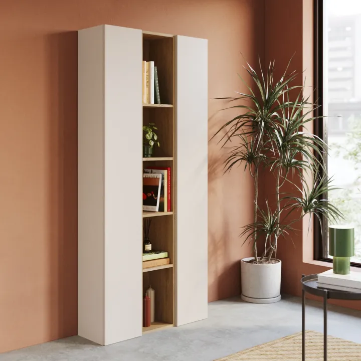 Libreria moderna 84x186h cm 2 ante beige rovere chiaro Sunset 1005