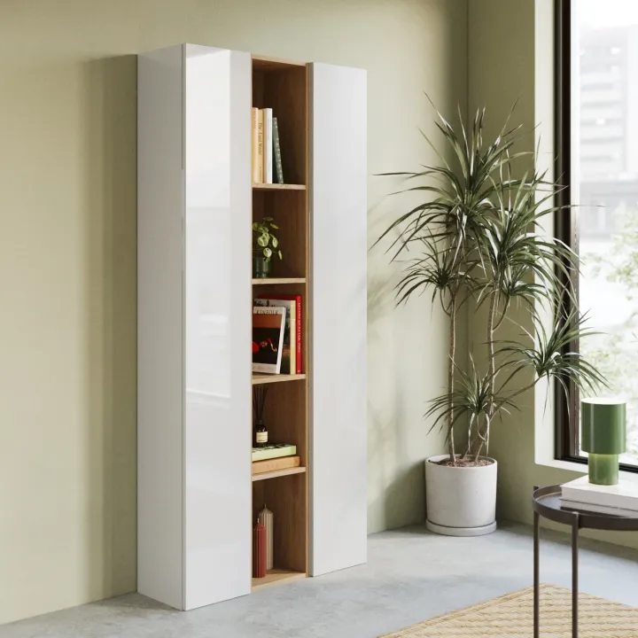 Libreria moderna 84x186h cm 2 ante bianco lucido rovere chiaro Sunset 1005