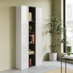 Libreria moderna 84x186h cm 2 ante bianco lucido ossido nero Sunset 1005