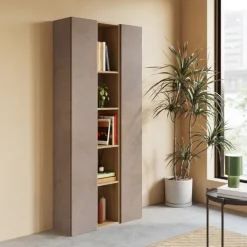 Libreria moderna 84x186h cm 2 ante marrone bronzo rovere chiaro Sunset 1005