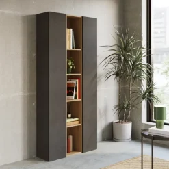 Libreria moderna 84x186h cm 2 ante ossido nero rovere chiaro Sunset 1005