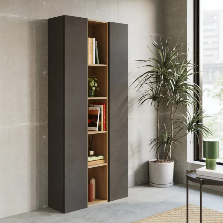 Libreria moderna 84x186h cm 2 ante ossido nero rovere chiaro Sunset 1005