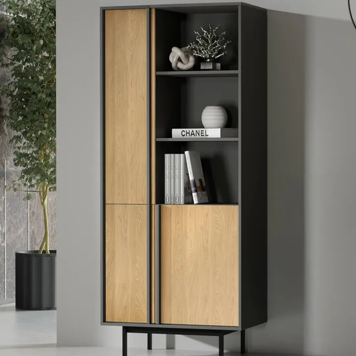 Libreria 83x195 cm 3 ante 3 vani a giorno antracite rovere Essenzia