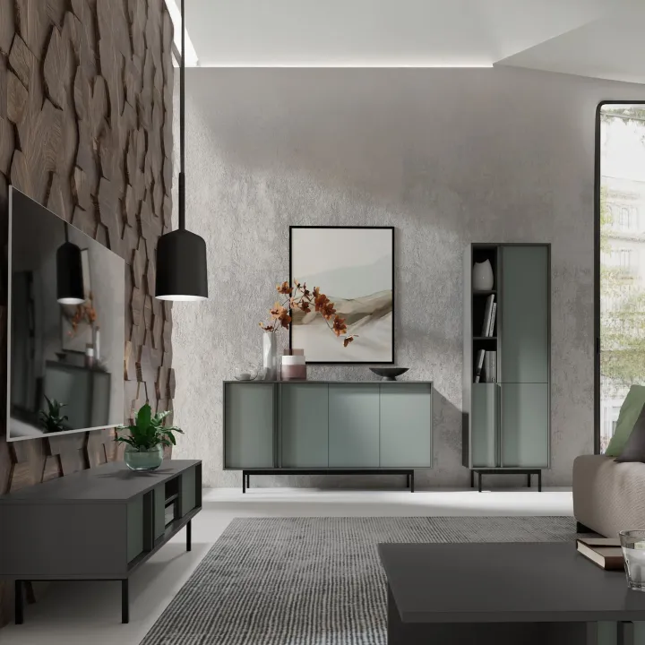 Libreria 63x195 cm 3 ante 3 vani a giorno antracite verde Essenzia