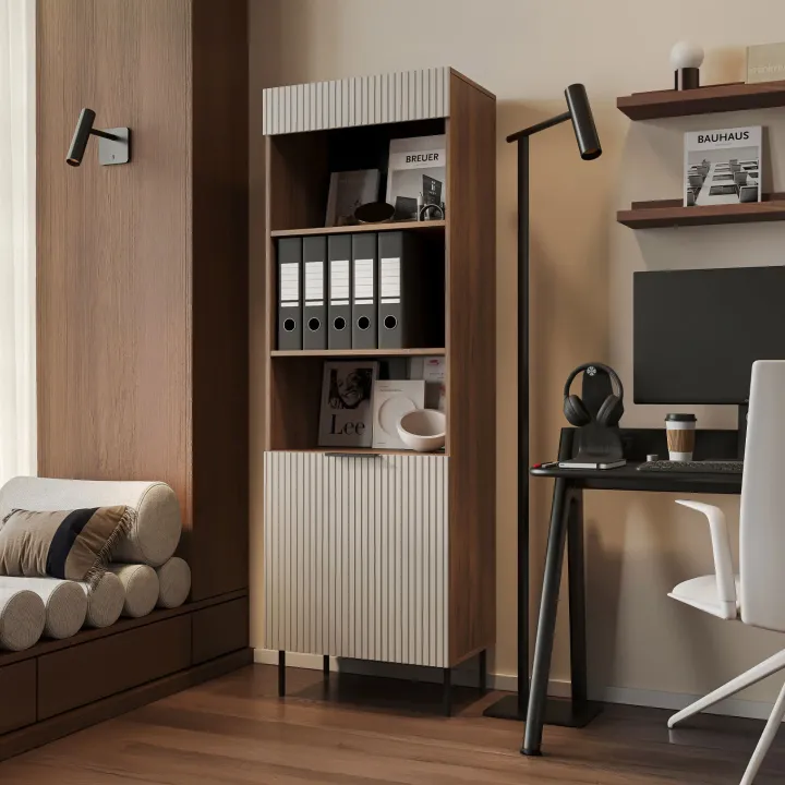 Libreria 60x185h cm 1 anta 3 vani a giorno beige cashmere noce Serenia