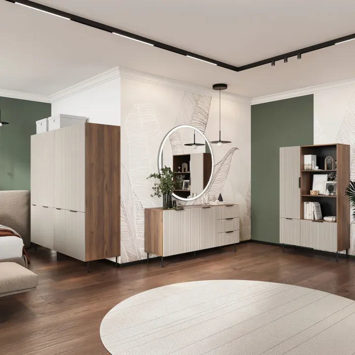 Libreria 90x166h cm 3 ante 3 vani a giorno beige cashmere noce Serenia