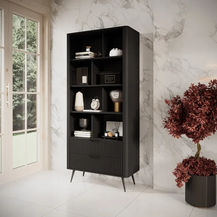 Libreria 88x194h cm 2 cassetti 8 vani a giorno nero opaco cannettato Ramis