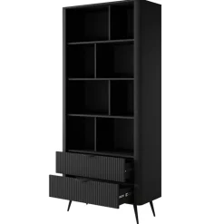 Libreria 88x194h cm 2 cassetti 8 vani a giorno nero opaco cannettato Ramis