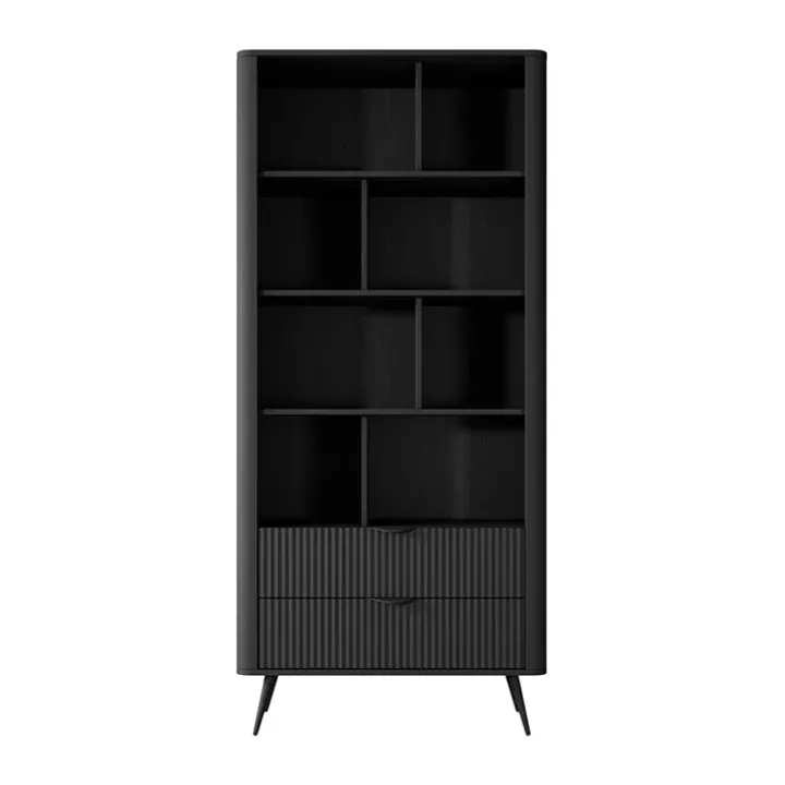 Libreria 88x194h cm 2 cassetti 8 vani a giorno nero opaco cannettato Ramis