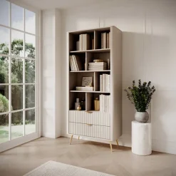 Libreria 88x194h cm 2 cassetti 8 vani a giorno beige cannettato Ramis