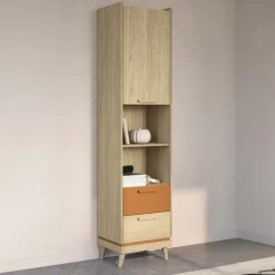 Libreria 50x215h cm 2 cassetti 2 vani a giorno rovere rosso mattone Yu