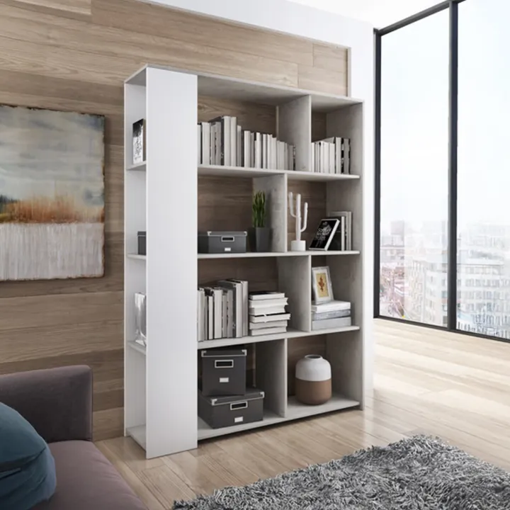 Libreria 129x174h cm design bianco frassinato cemento Coleman
