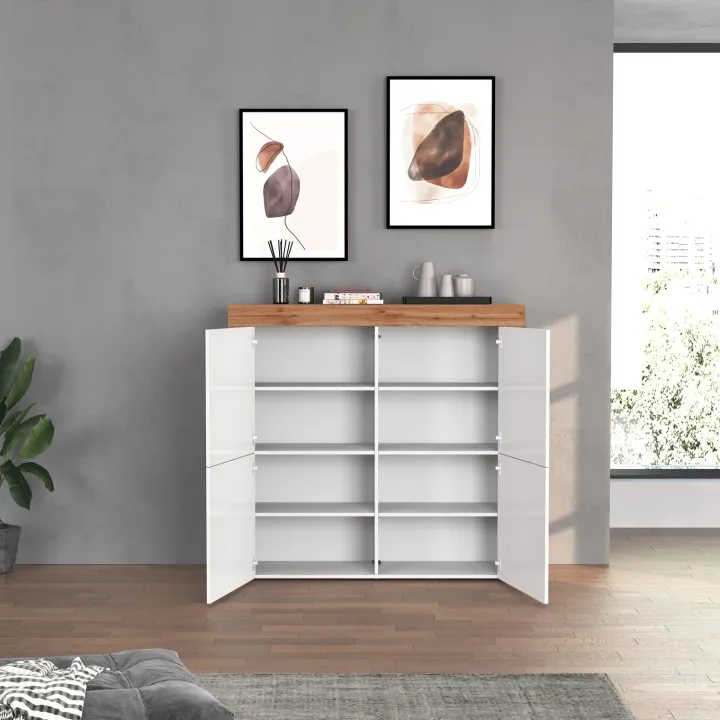 Madia alta moderna 140x130h cm bianco lucido rovere Block