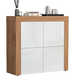 Madia alta moderna 140x130h cm bianco lucido rovere Block