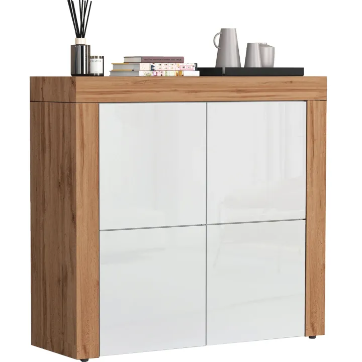 Madia alta moderna 140x130h cm bianco lucido rovere Block