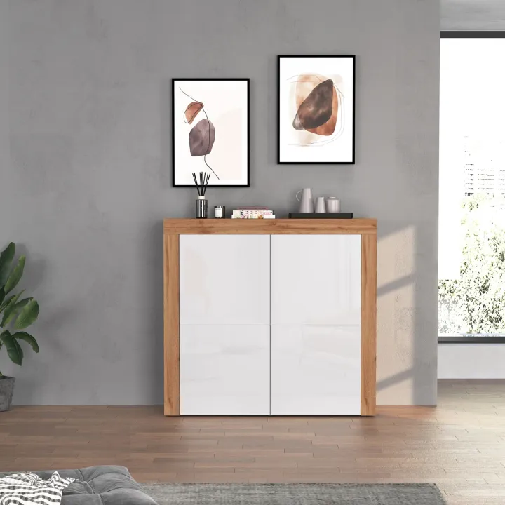 Madia alta moderna 140x130h cm bianco lucido rovere Block
