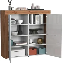Madia alta moderna 140x130h cm bianco lucido rovere Block
