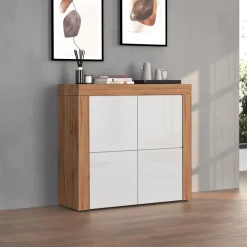 Madia alta moderna 140x130h cm bianco lucido rovere Block