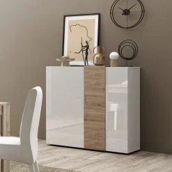 Madia alta 121x113h cm 2 ante moderna bianco lucido rovere Universal