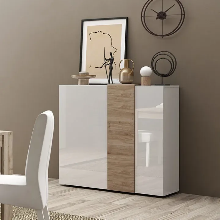 Madia alta 121x113h cm 2 ante moderna bianco lucido rovere Universal