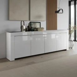 Madia moderna 210x82h cm 4 ante bianco lucido Essential
