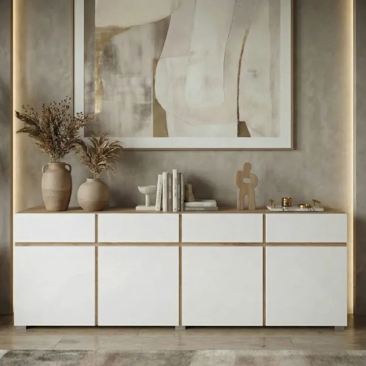 Madia moderna 225x78h cm 4 ante 4 cassetti bianco rovere Lolla