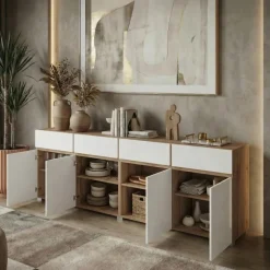 Madia moderna 225x78h cm 4 ante 4 cassetti bianco rovere Lolla