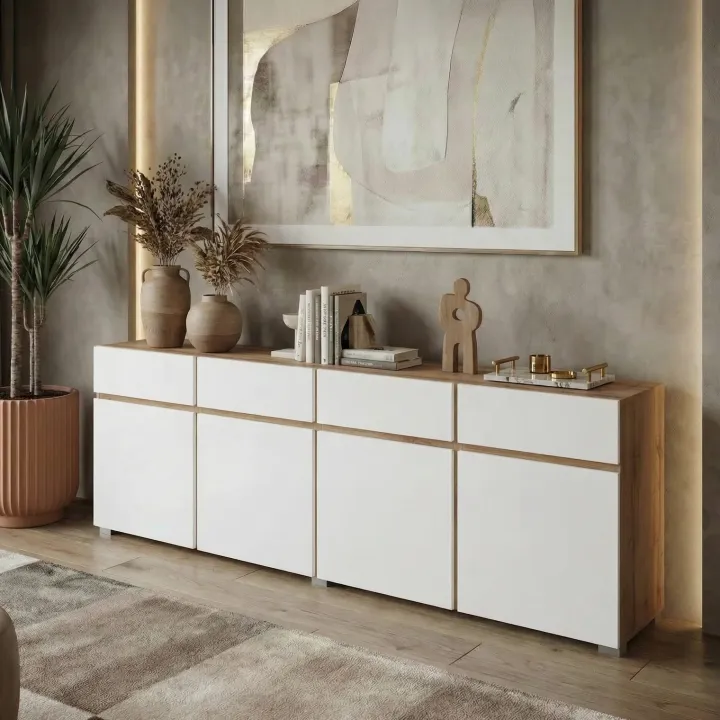 Madia moderna 225x78h cm 4 ante 4 cassetti bianco rovere Lolla