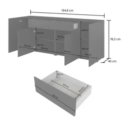 Madia moderna 195x78h cm 4 ante 2 cassetti nero Edge