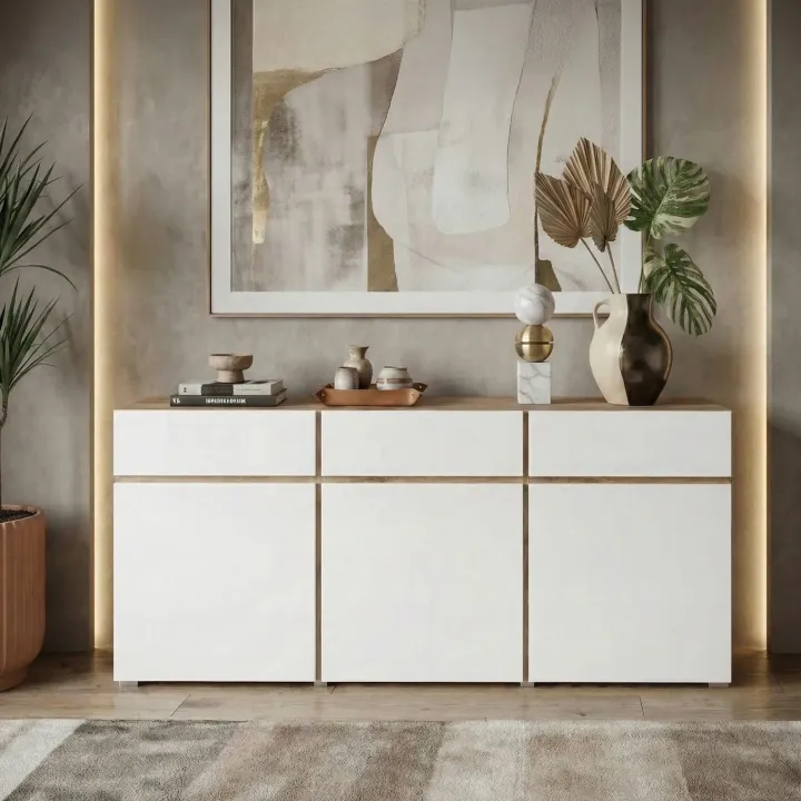 Madia moderna 180x78h cm 3 ante 3 cassetti bianco rovere Lolla