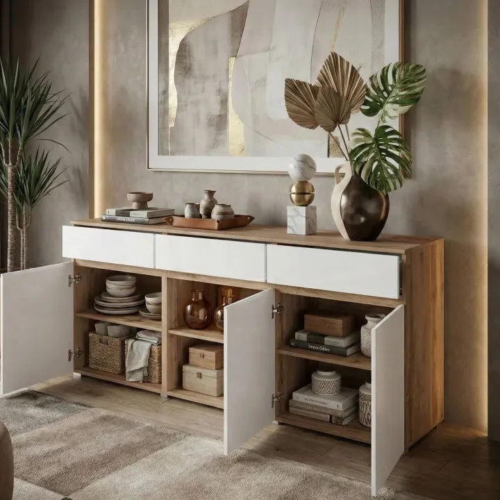 Madia moderna 180x78h cm 3 ante 3 cassetti bianco rovere Lolla
