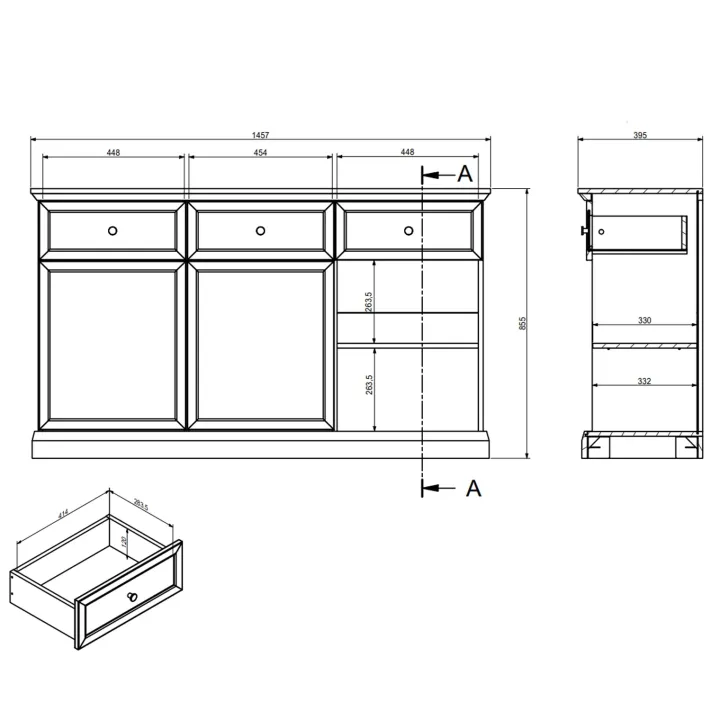 Madia moderna 146x86h cm 3 ante 3 cassetti shabby bianco Purro