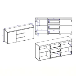 Madia moderna 150x68h cm 2 ante 3 cassetti nero rovere Ischia