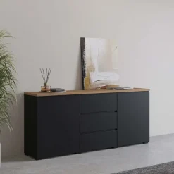 Madia moderna 150x68h cm 2 ante 3 cassetti nero rovere Ischia