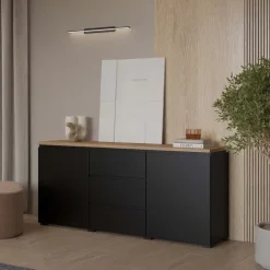 Madia moderna 150x68h cm 2 ante 3 cassetti nero rovere Ischia