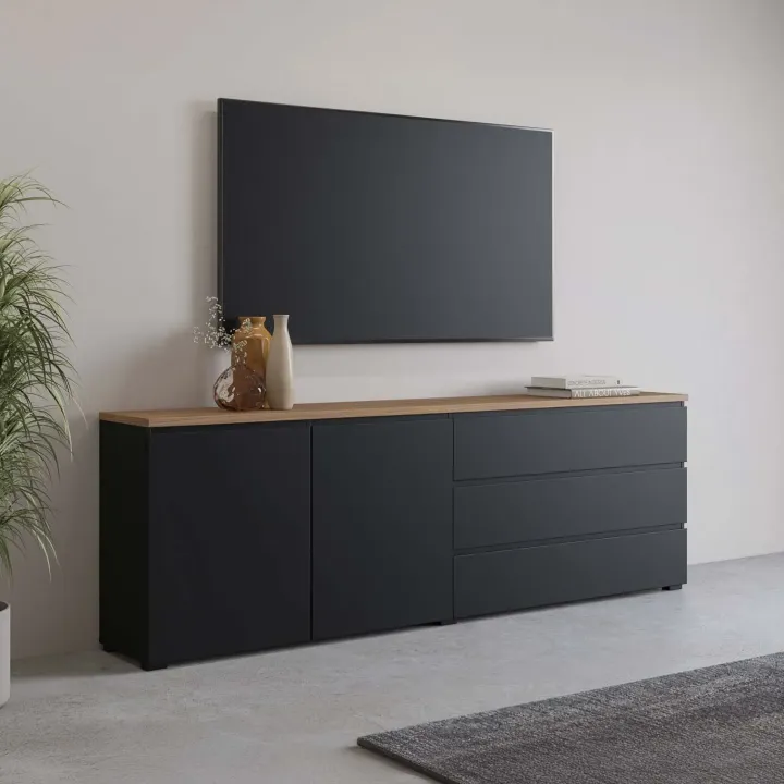 Madia moderna 200x68h cm 2 ante 3 cassetti nero rovere Ischia