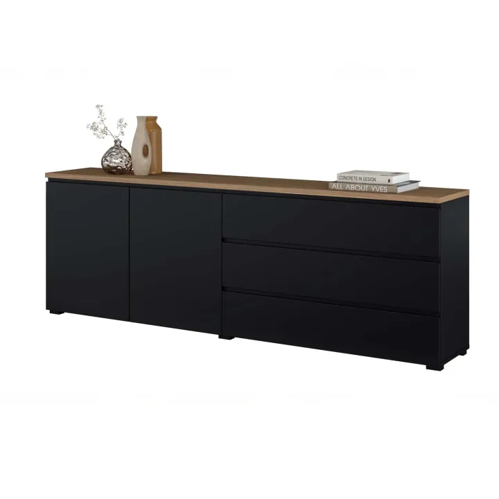 Madia moderna 200x68h cm 2 ante 3 cassetti nero rovere Ischia