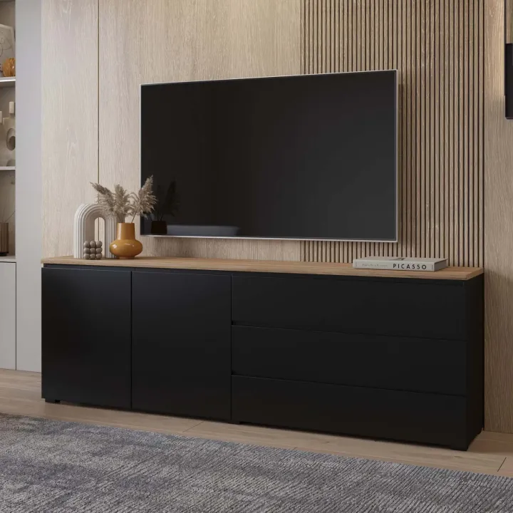 Madia moderna 200x68h cm 2 ante 3 cassetti nero rovere Ischia