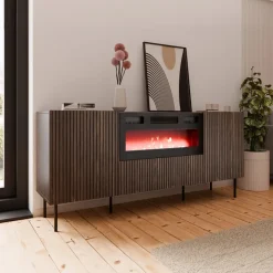 Madia moderna 181x81h cm 3 ante con caminetto elettrico noce cannettato Gabiot