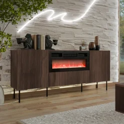 Madia moderna 181x81h cm 3 ante con caminetto elettrico noce cannettato Gabiot