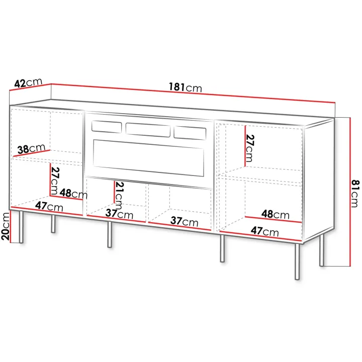 Madia moderna 181x81h cm 3 ante con caminetto elettrico noce cannettato Gabiot