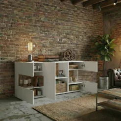 Madia moderna 120x62h cm 3 ante con vetrine bianco rovere Fusion